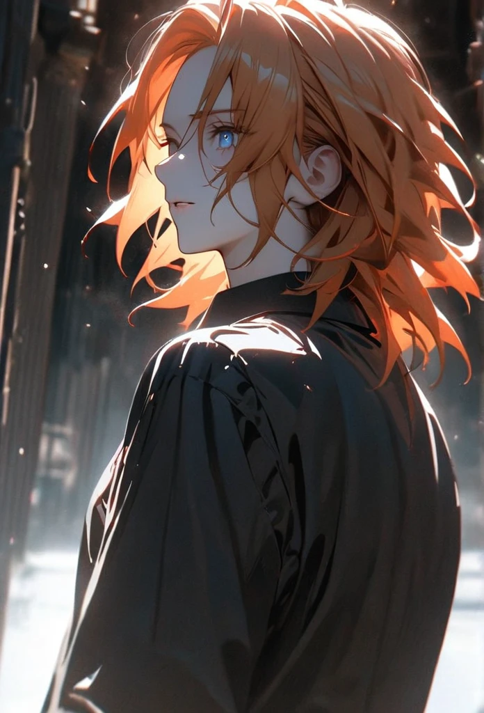 (solo), orange hair, messy hair, mane hair, short hair, dense hair, wild hair, expressive hair, mature,(25 year old), pale skin, blue eyes, ((male)), muscular body, wearing a black dress shirt,, handsome, attractive, eye reflection, depth of field, thunder aura,cinematic lighting, ray tracing, depth of field, cinematic lighting, ray tracing, UHD, high details, best quality, highres, high quality, award winning, super detail, masterpiece, 8k, UHD, high details, best quality, highres, high quality, award winning, super detail, masterpiece, 8k, digital art, anime coloring, body shot, good face, perfect face, detailed face, good eyes