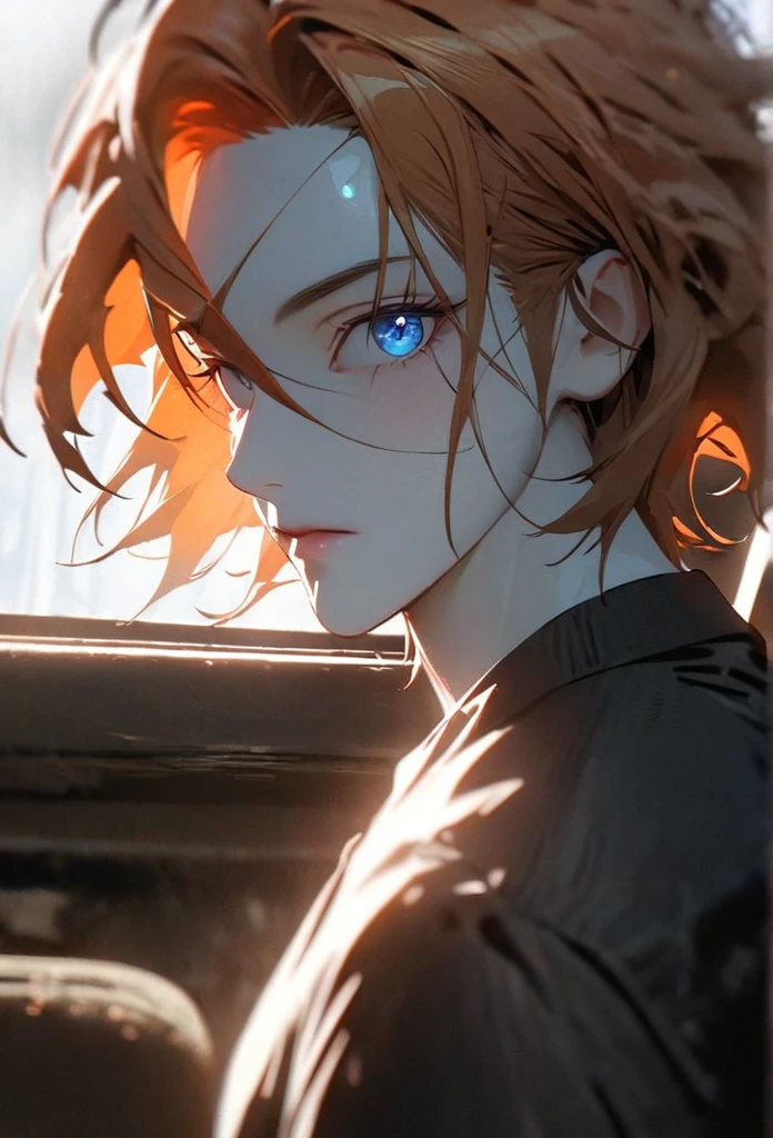 (solo), orange hair, messy hair, mane hair, short hair, dense hair, wild hair, expressive hair, mature,(25 year old), pale skin, blue eyes, ((male)), muscular body, wearing a black dress shirt,, handsome, attractive, eye reflection, depth of field, thunder aura,cinematic lighting, ray tracing, depth of field, cinematic lighting, ray tracing, UHD, high details, best quality, highres, high quality, award winning, super detail, masterpiece, 8k, UHD, high details, best quality, highres, high quality, award winning, super detail, masterpiece, 8k, digital art, anime coloring, body shot, good face, perfect face, detailed face, good eyes