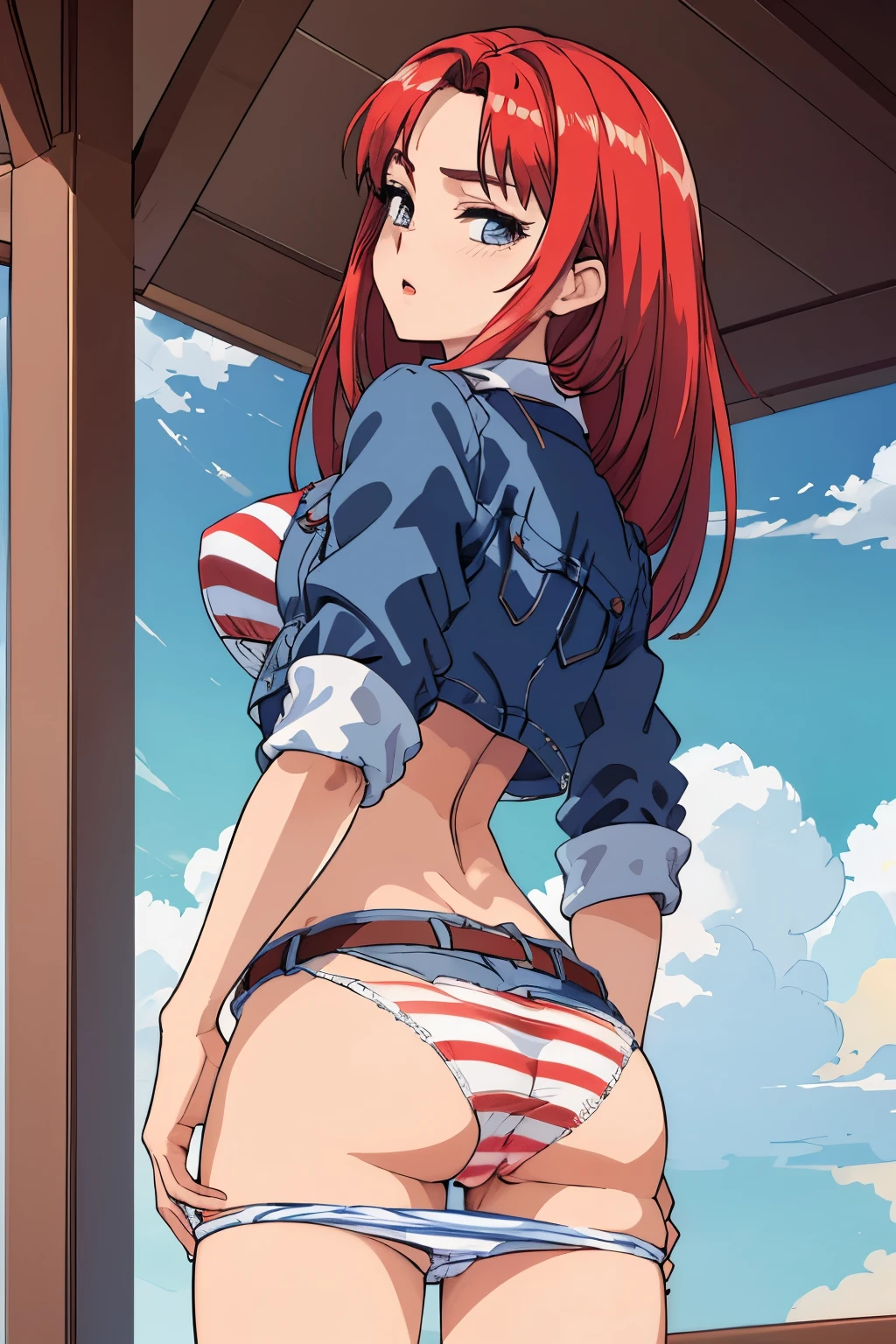 masterpiece, best quality, yukaii, jacket, sleeves rolled up, tube top, (((hands striped panty))), belt, white panty, large breasts, standing, cowboy shot, (((turn back))), (((show her butt))), from below, sky, clouds