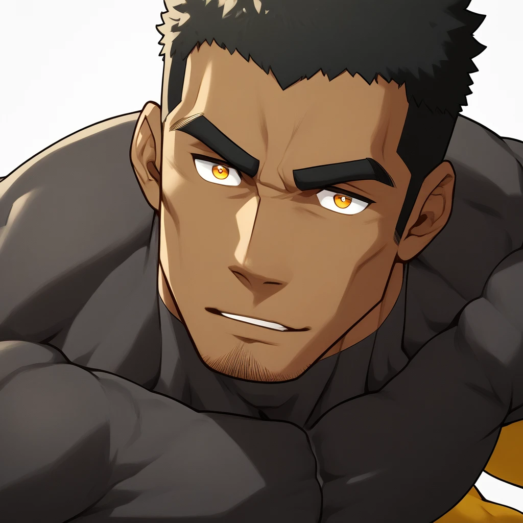 negro, negro, negro, anime characters：Gyee, Muscle Sports Student, negro black skin, 1 muscular tough guy, Manliness, male focus, Dark grey and Yellow long sleeve tights, Very tight, The pectoral muscles are oversized, Slightly transparent, muscular male, muscular, only, Upper body, alone, Black short hair, Thick eyebrows, stubble, Yellow eyes, White background, simple background, amazing quality, best aesthetics, Ridiculous, bright pupils, crew cut, parted lips, seductive smile, torogao, naughty face, best quality