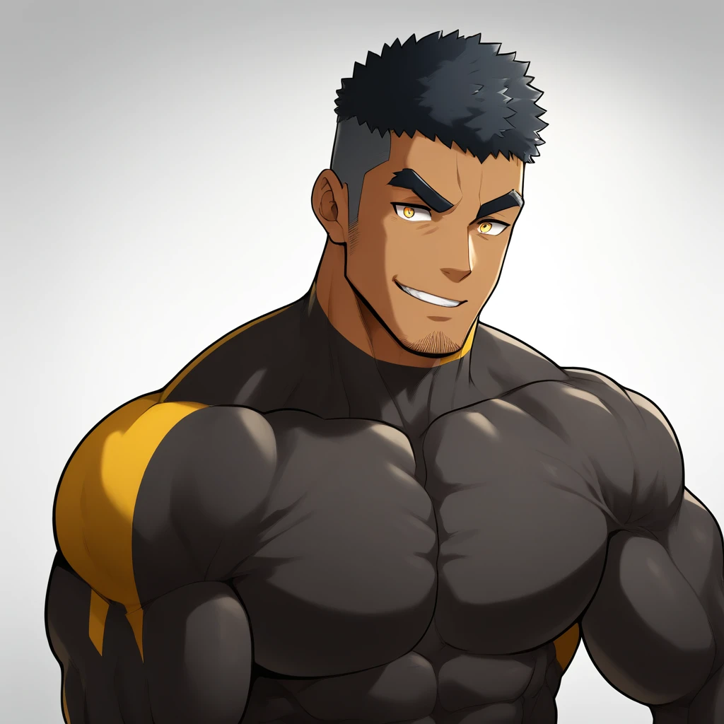 negro, negro, negro, anime characters：Gyee, Muscle Sports Student, negro black skin, 1 muscular tough guy, Manliness, male focus, Dark grey and Yellow long sleeve tights, Very tight, The pectoral muscles are oversized, Slightly transparent, muscular male, muscular, only, Upper body, alone, Black short hair, Thick eyebrows, stubble, Yellow eyes, White background, simple background, amazing quality, best aesthetics, Ridiculous, bright pupils, crew cut, parted lips, seductive smile, torogao, naughty face, best quality