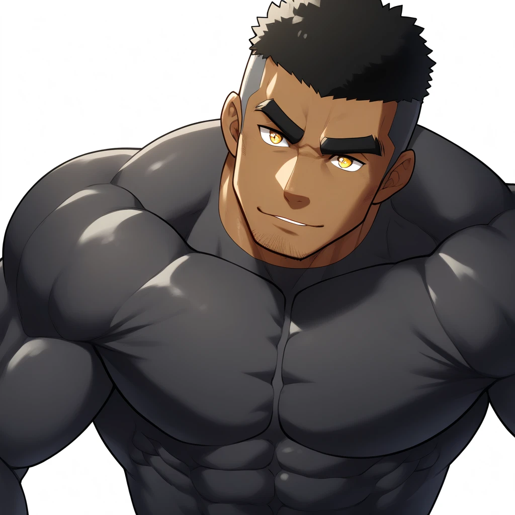 negro, negro, negro, anime characters:Gyee, Muscle Sports Student, negro black skin, 1 muscular tough guy, Manliness, male focus, Dark grey and Yellow long sleeve tights, Very tight, The pectoral muscles are oversized, Slightly transparent, muscular male, muscular, only, Upper body, alone, Black short hair, Thick eyebrows, stubble, Yellow eyes, White background, simple background, amazing quality, best aesthetics, Ridiculous, bright pupils, crew cut, parted lips, seductive smile, torogao, naughty face, best quality