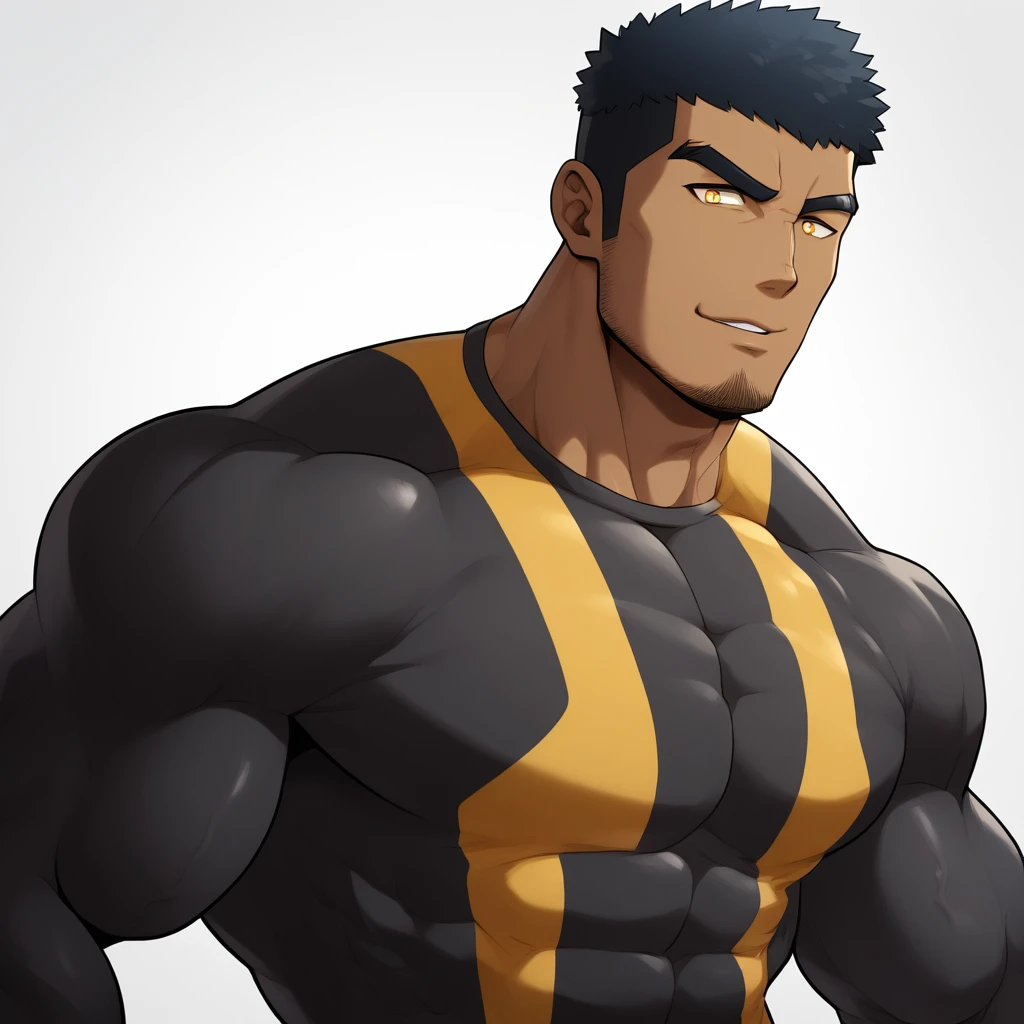 negro, negro, negro, anime characters:Gyee, Muscle Sports Student, negro black skin, 1 muscular tough guy, Manliness, male focus, Dark grey and Yellow long sleeve tights, Very tight, The pectoral muscles are oversized, Slightly transparent, muscular male, muscular, only, Upper body, alone, Black short hair, Thick eyebrows, stubble, Yellow eyes, White background, simple background, amazing quality, best aesthetics, Ridiculous, bright pupils, crew cut, parted lips, seductive smile, torogao, naughty face, best quality