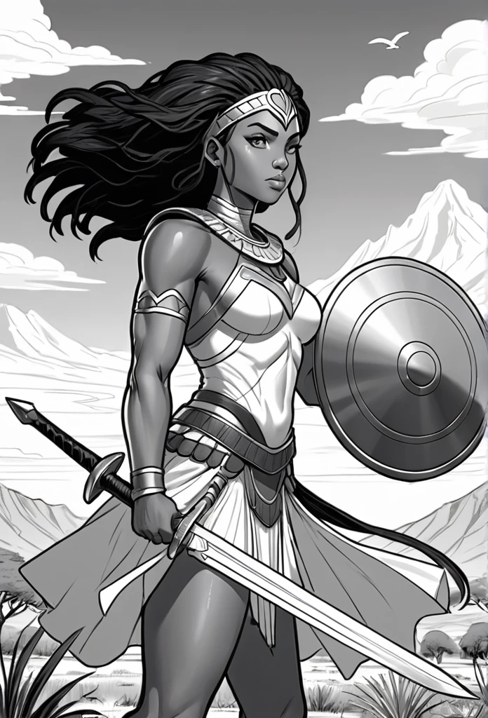 A line art black and white outline of a christian nubian warrior, resembling Wonder Women long flowing hair, different nationalities, easy to color design, up close, combat ready, sword and shield in hand, Background realistic and minimalistic African Serengeti landscape, simple trees and mountains, clear sky with clouds, animals in the Serengeti in the background, for a coloring page, warrior strength and connection to the land with different poses, very realistic, wakanda, coloring page, no shading