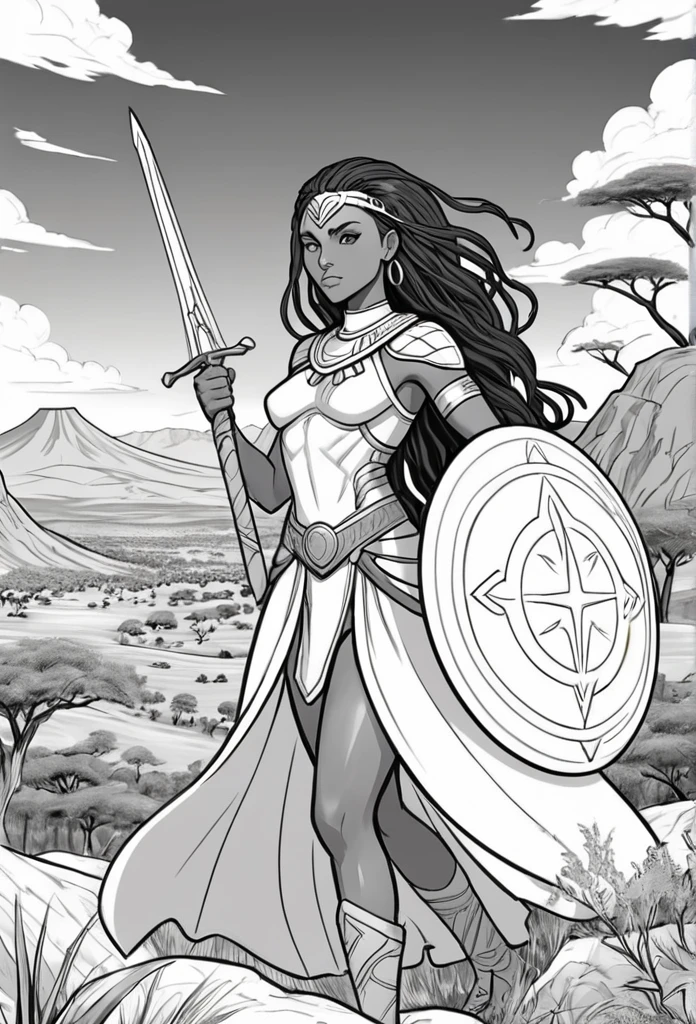 A line art black and white outline of a christian nubian warrior, resembling Wonder Women long flowing hair, different nationalities, easy to color design, up close, combat ready, sword and shield in hand, Background realistic and minimalistic African Serengeti landscape, simple trees and mountains, clear sky with clouds, animals in the Serengeti in the background, for a coloring page, warrior strength and connection to the land with different poses, very realistic, wakanda, coloring page, no shading