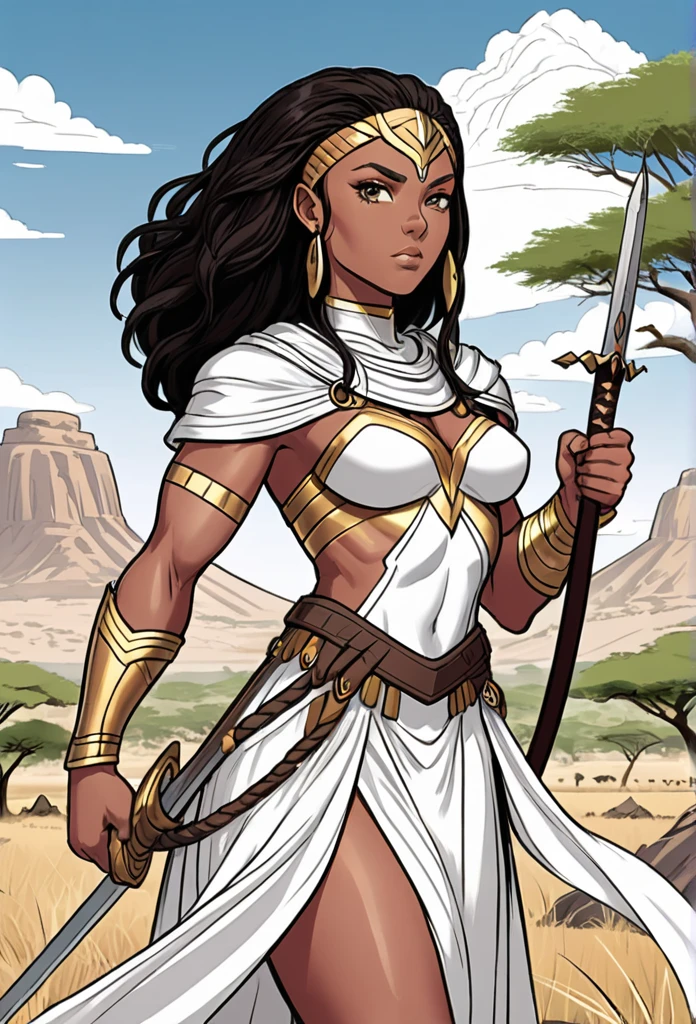 A line art black and white outline of a christian nubian warrior, resembling Wonder Women long flowing hair, different nationalities, easy to color design, up close, combat ready, sword and shield in hand, Background realistic and minimalistic African Serengeti landscape, simple trees and mountains, clear sky with clouds, animals in the Serengeti in the background, for a coloring page, warrior strength and connection to the land with different poses, very realistic, wakanda, coloring page, no shading