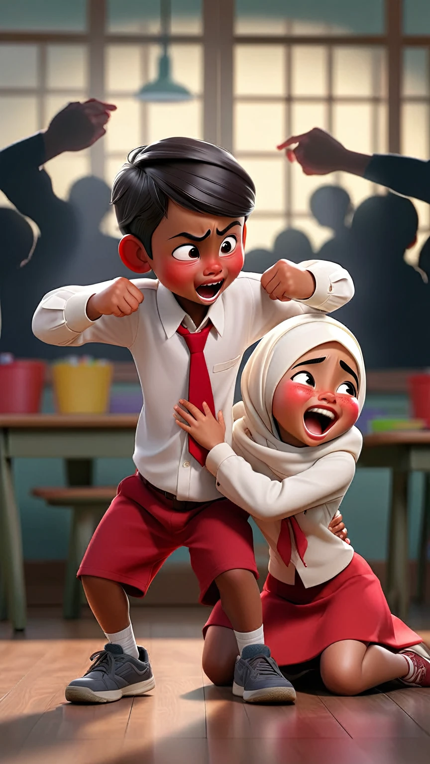 3d image of an Indonesian boy wearing a white shirt, red tie and red shorts who is trying to protect himself by puffing out his chest and hands, he is protecting a girl wearing a white hijab, white long-sleeved shirt and red skirt, feeling very scared, hiding behind his back, You can see hands pointing at them, in the background silhouettes of children pointing at them while laughing, classroom background