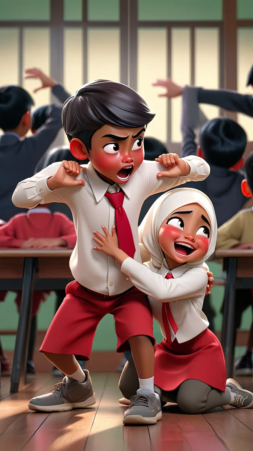 3d image of an Indonesian boy wearing a white shirt, red tie and red shorts who is trying to protect himself by puffing out his chest and hands, he is protecting a girl wearing a white hijab, white long-sleeved shirt and red skirt, feeling very scared, hiding behind his back, You can see hands pointing at them, in the background silhouettes of children pointing at them while laughing, classroom background, blackboard in white wall, wooden floor