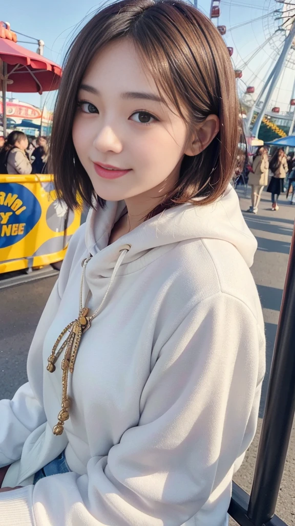 Cute 21 year old Japanese、amusement park、sunny、Light of the sun、Ferris wheel、Super detailed face、Pay attention to the details、double eyelid、Beautiful thin nose、Sharp focus:1.2、Beautiful woman:1.4、(Light brown hair,short hair、),Pure white skin、Highest quality、masterpiece、Ultra-high resolution、(Photorealistic:1.4)、Highly detailed and professional lighting、nice smile、Show your whole body、Cute Winter Clothes、