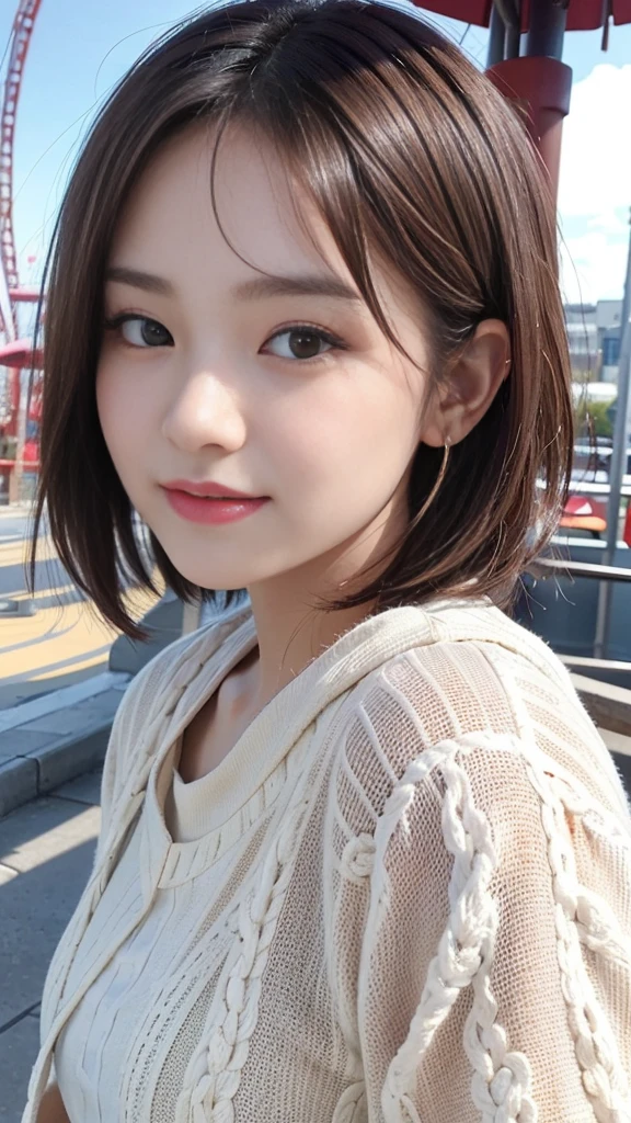 Cute 21 year old Japanese、amusement park、sunny、Light of the sun、Ferris wheel、Super detailed face、Pay attention to the details、double eyelid、Beautiful thin nose、Sharp focus:1.2、Beautiful woman:1.4、(Light brown hair,short hair、),Pure white skin、Highest quality、masterpiece、Ultra-high resolution、(Photorealistic:1.4)、Highly detailed and professional lighting、nice smile、Show your whole body、Cute Winter Clothes、