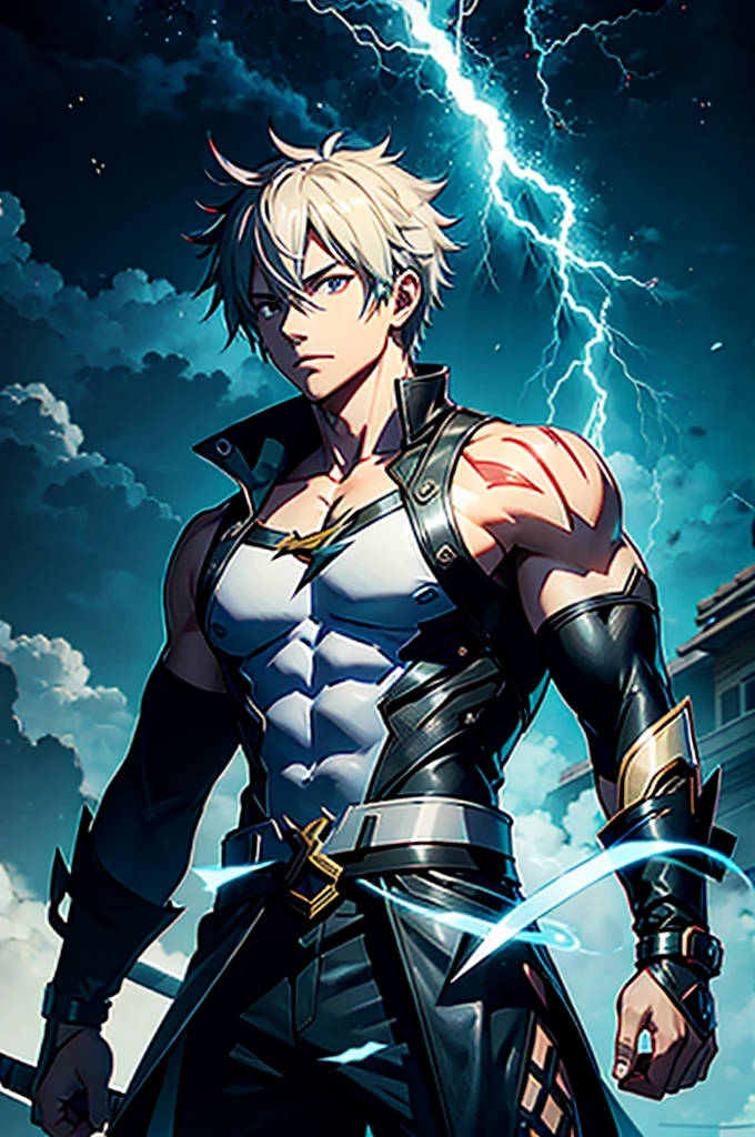 A HUMAN GUY WITH A THUNDER AURA AROUND HIM AND LIGHTNING BLADE IN HIS HAND