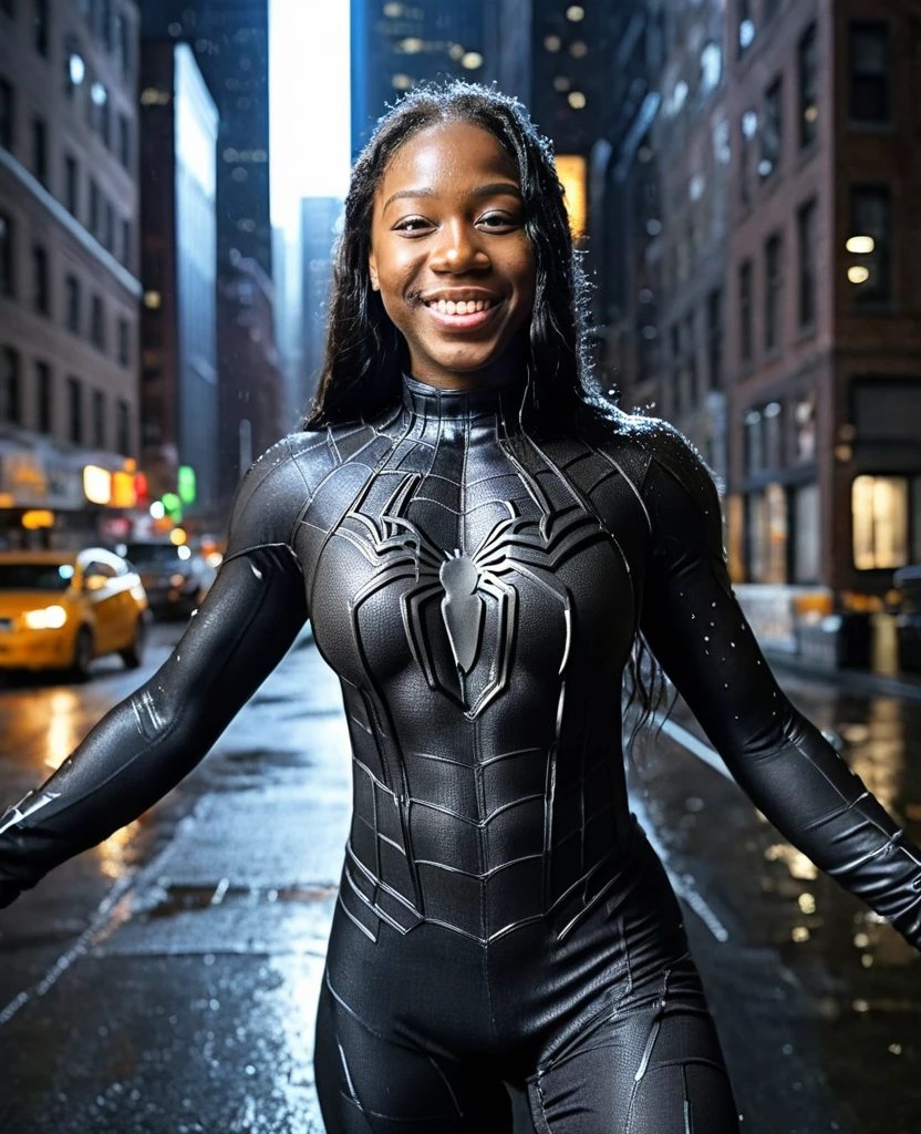 Highest quality, Realistic, masterpiece, Beautiful details, hyperRealistic, (One girl, Female body, smile), Big Breasts:1.33, ((Huge muscular girl)), Professional model wears super-detailed black Raimi Spider-Man suit, Highly detailed and grainy black Raimi Spider-Man suit, whole bodyと手を覆うスーツ, black spiderman gloves, Wet, (Spider-Man pose), (whole body), Octane Rendering, Very detailed, Volumetric, Dramatic lighting, (Highest quality:1.1), (High resolution:1.3), (Highest quality, Highest quality), Realistic, High resolution,Shooting in the middle of the night in New York City during a lightning-filled downpour。
