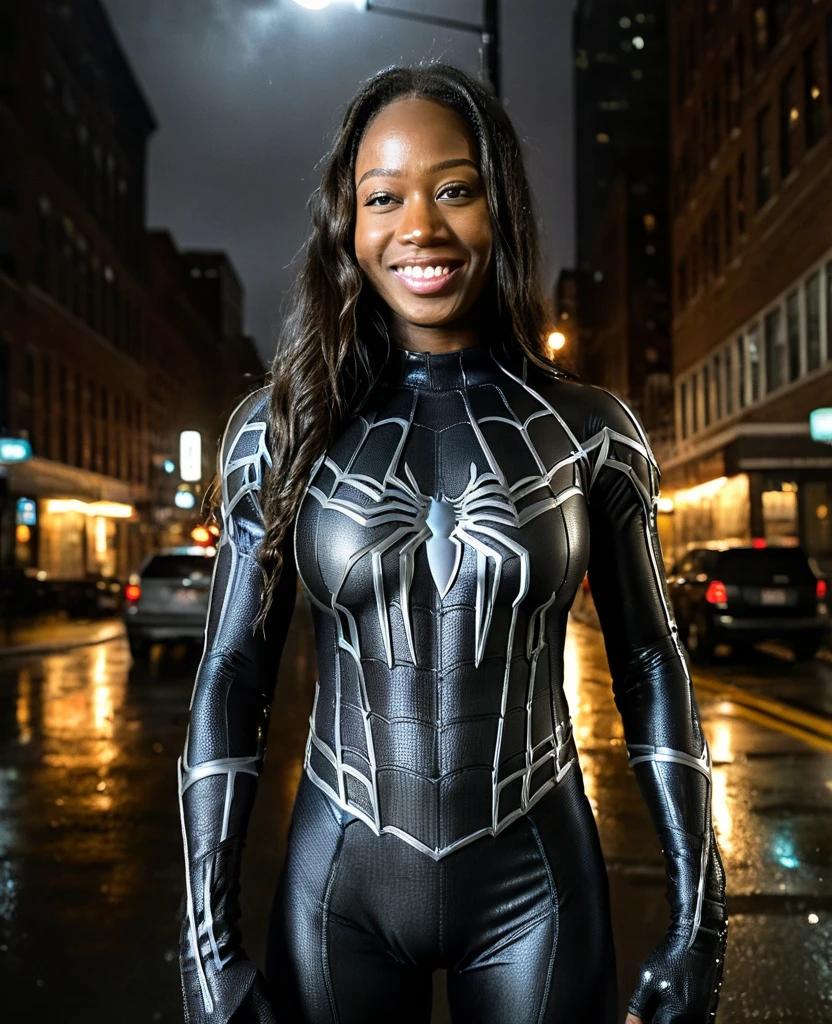 Highest quality, Realistic, masterpiece, Beautiful details, hyperRealistic, (One girl, Female body, smile), Big Breasts:1.33, ((Huge muscular girl)), Professional model wears super-detailed black Raimi Spider-Man suit, Highly detailed and grainy black Raimi Spider-Man suit, whole bodyと手を覆うスーツ, black spiderman gloves, Wet, (Spider-Man pose), (whole body), Octane Rendering, Very detailed, Volumetric, Dramatic lighting, (Highest quality:1.1), (High resolution:1.3), (Highest quality, Highest quality), Realistic, High resolution,Shooting in the middle of the night in New York City during a lightning-filled downpour。
