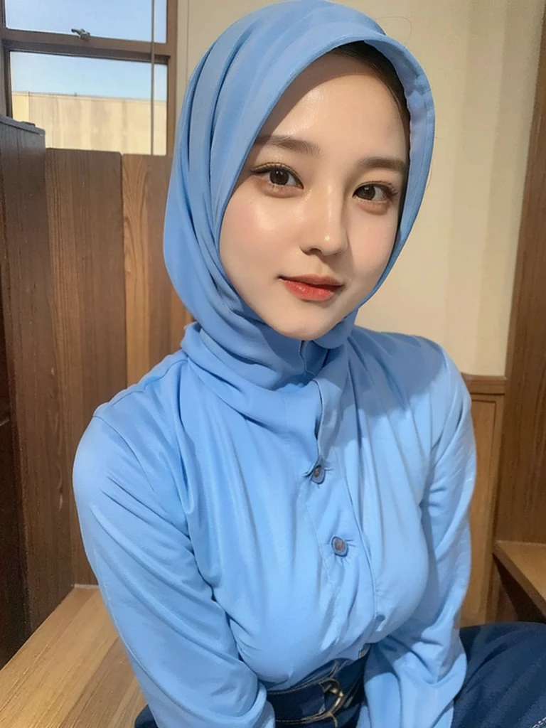 ((Best quality, 8k, Masterpiece :1.37)), (wear hijab girls), postion:sitting, style model, (girls wearing hijab moslem), beautiful face, 18 years old girls, ultra detailed face, ultra detailed body, slim body, lips smile, Beautiful detailed eyes, eyes korean, detailed nose, Natural Lip, Wear hijab moslem, fancy jubba thobbe, view of the blue sky, Slim Body, realistic face, big boobs.