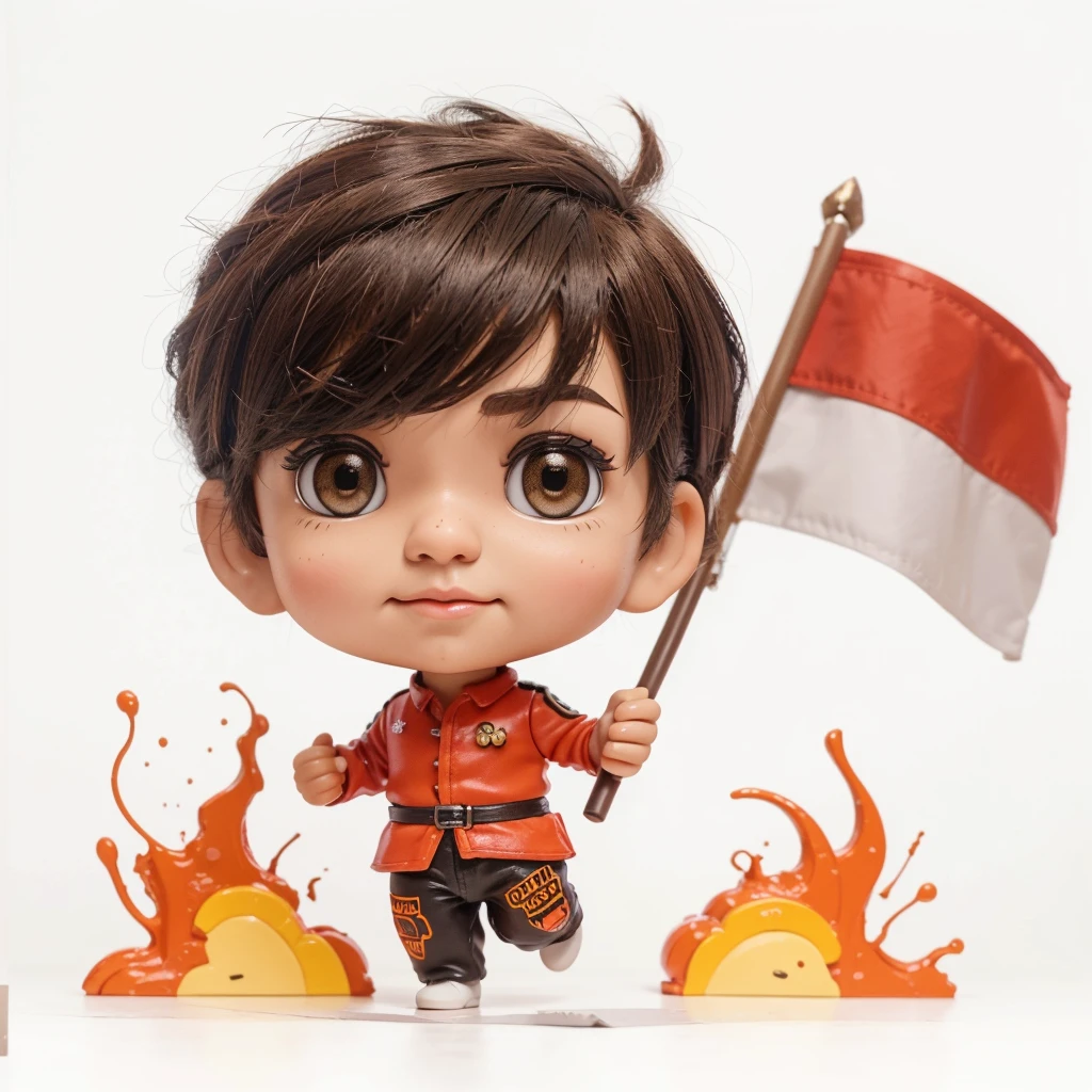 Generate a cute and adorable plasticine character, 3d character, male, random hair style, indonesian guerilla army outfit, dark color outfit, random eye color, spirit and happy facial expression, random profession, toy, doll, white background, character print, random camera view, full body, natural light, random pose, medium movement, perfect cinematic lighting, perfect composition, creative theme, vibrant colors.