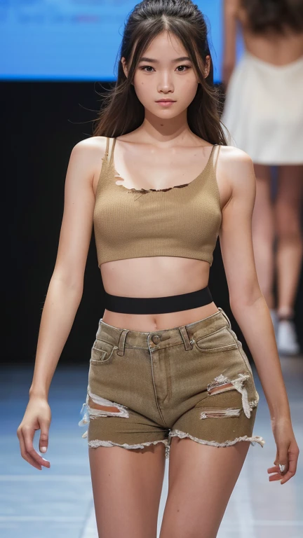 A girl walking down the runway at a fashion show, thigh, (Torn clothes:1.5), (High resolution:1.3), (16K, Realistic, RAW Photos, Best image quality: 1.4), (One Girl), Beautiful Face, (Lively Faces), Realistic eyes, Beautiful and exquisite, (Realistic Skin), Beautiful skins, charm, 超High resolution, Surreal, High detail, Golden Ratio, Highly detailed cute girl,(20-year-old)