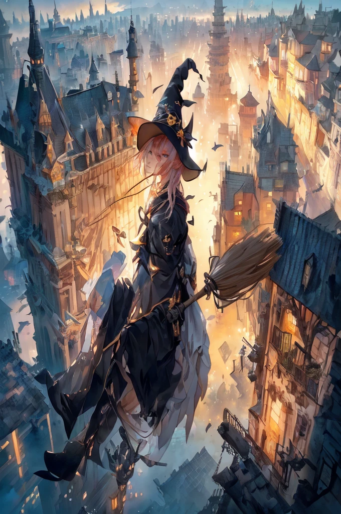 witch flying over a city with a broom and a hat, guweiz on artstation pixiv, guweiz on pixiv artstation, ross tran 8 k, 2. 5 d cgi anime fantasy artwork, guweiz, sky witch, artwork in the style of guweiz, mechanized witch girl, anime fantasy artwork, ross tran. scenic background
