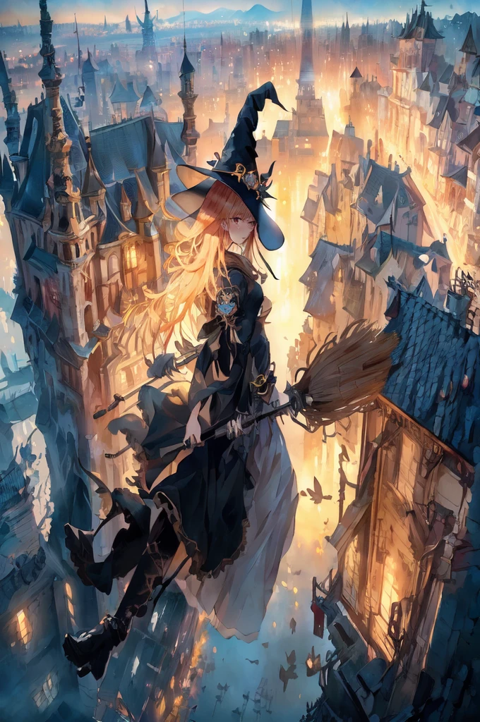 witch flying over a city with a broom and a hat, guweiz on artstation pixiv, guweiz on pixiv artstation, ross tran 8 k, 2. 5 d cgi anime fantasy artwork, guweiz, sky witch, artwork in the style of guweiz, mechanized witch girl, anime fantasy artwork, ross tran. scenic background