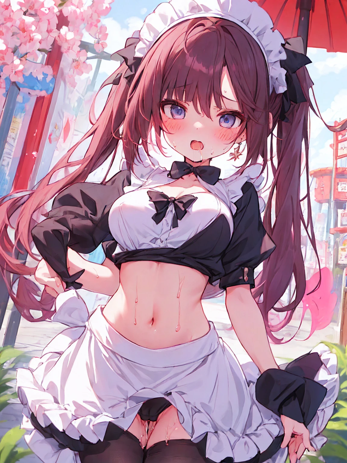 ((日本人のgirl1人、aldult)), ( small)), Black Hair、Brown Hair、masterpiece, 最high quality, high quality, Highly detailed 8K wallpapers,amusement park、Pink Hair、Extreme heat、Heavy breathing、breathe、Sweat、Head ornament、cute girls、Cute Maid、Bold Pose、(Secrete saliva)、Big ???????、Wait for orders、No fixes、(girl、Squid Belly、)、（????????????）、Beautiful big ?????、（激しいSweat）、(Saliva volume:1.4）、(Elementary school girl、Cute belly、Abdominal distention、Spreading ?????、Squirting）、（stroking the stomach:2）、(Beautiful Face）、（serving）、（Trembling in the lower back:2）、Life-size、In front of the camera、Walk with your feet together