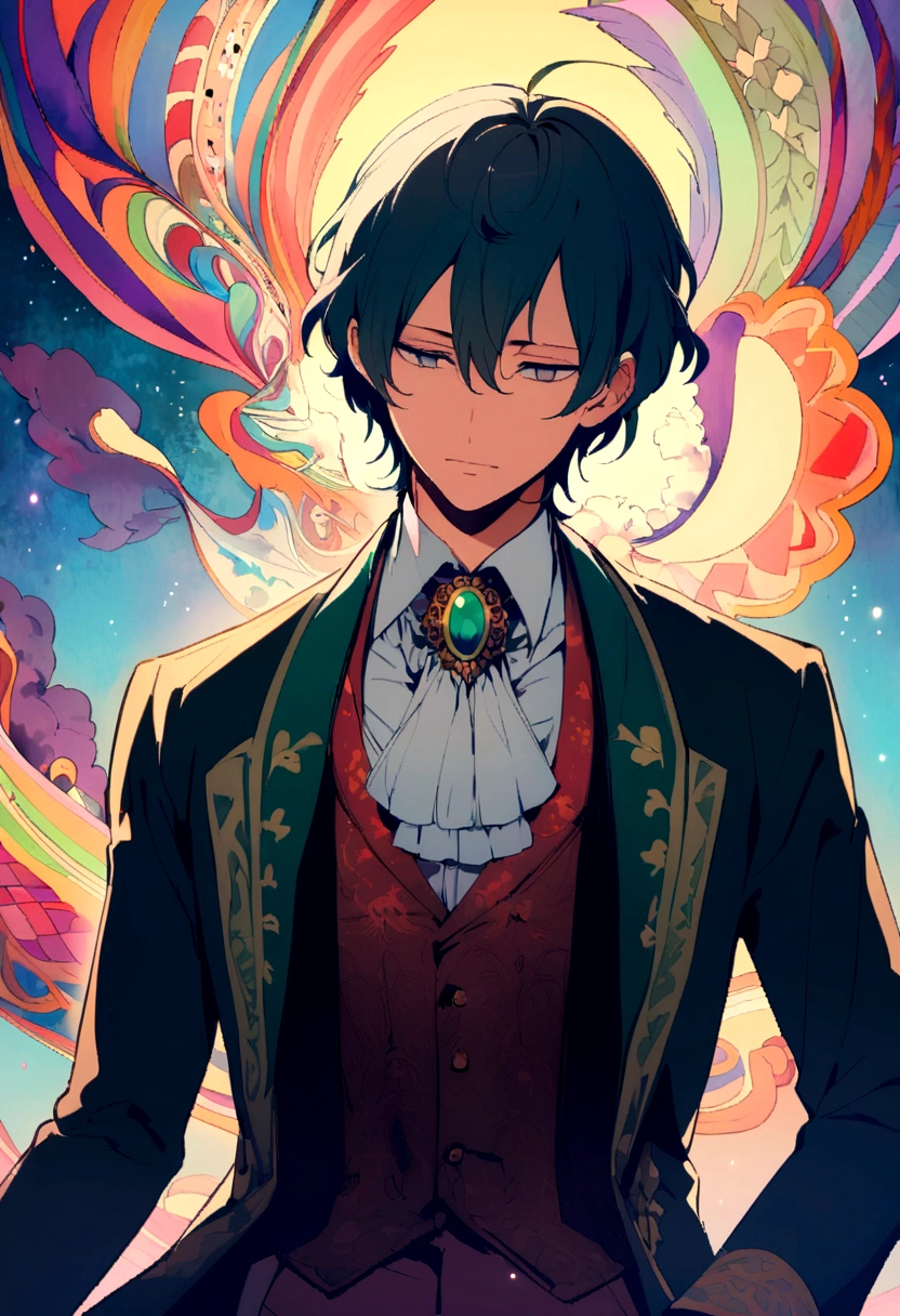 A man who knows very much about psychology he looks mysterious with a very calm and innocent face anime and also show his half of body in which he is very well dressed