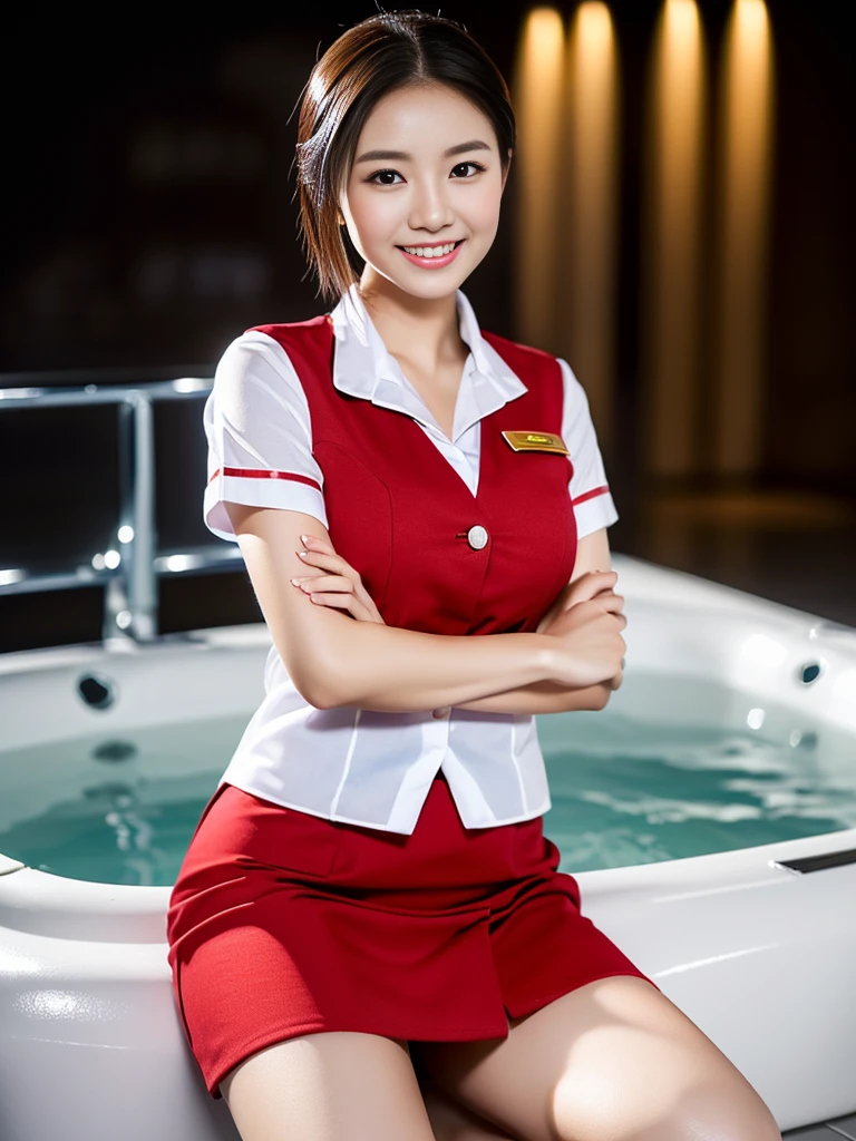 (a gorgeous lady, age 21, Flight Attendant uniform, Shenzhen Airlines Stewardess, wet white shirt, wet red mini-skirt, kneeling in jacuzzi, dimpled smile, short ponytail hair, short bob hair, cute snaggle-tooth, well-endowed round bosom, long flawless legs, photorealistic, beautiful detailed eyes, beautiful detailed face, hyper-realism, high contrast, ultra HD, realistic skin textures, top image quality, top-quality, super high resolution, fine details, very meticulously, close-up shot, head to thigh, masterpiece, romantic night, dark bokeh background)