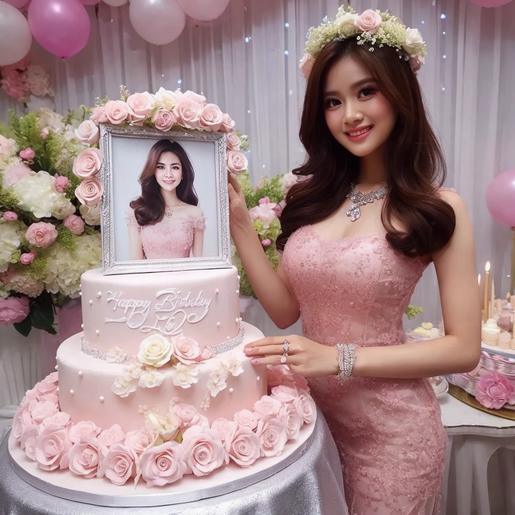 Make a very beautiful and sweet Indonesian woman, ideal body 22 years old, brown hair dressed in a soft pastel pink dress. surrounded by flowers. wearing a soft pink dress, pastel colors, tassels and ribbon ruffles, fantasy dress, wearing a soft pink dress, pastel colors, soft party dress, pastel colors, soft pink romantic tutu, pastel colors, magic dress, soft pink dress, pastel colors , in soft pastel pink or purple long dress, wearing a beautiful dress, soft pastel pink tutu, wearing a soft pastel pink romantic tutu. Both hands are holding a very beautiful and delicious-looking birthday cake with a beautiful and luxurious two-tiered design with a white base color, there is a picture of a beautiful Indonesian woman wearing a matching dress. smile softly and sweetly. The side is decorated with white mauve pink roses and small white pearls. The cake was placed on a table covered with silver cloth, and on the cake was the words "Happy Birthday" "Amel" the writing must be clear and correct