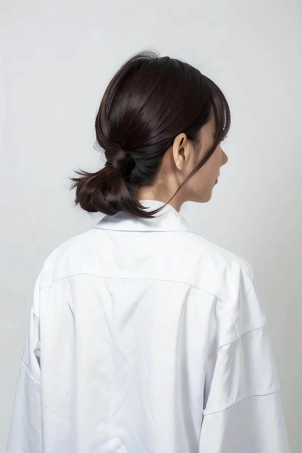 ((Back view))　Japanese　Beauty　44 years old　head nurse　White Lab Coat　White coat pants　Upper Body　The background is the hospital ward