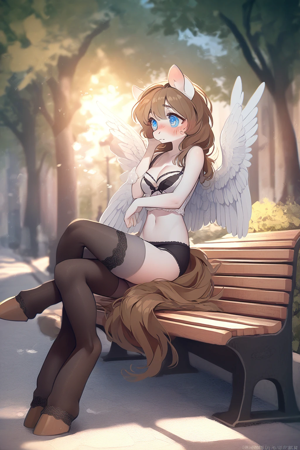 1 girl, CuteStyle, upper body, angel wings, furry, pony furry, blue eyes, hooves instead of hands, white fur, brown mane, long mane, dressed in black underwear, cleavage, medium breasts, black stockings, sitting on a bench, leg over leg, black gloves on her hands, embarrassed, blush, on the street, trees, rays of the sun, detailed, beautiful, delicate tones