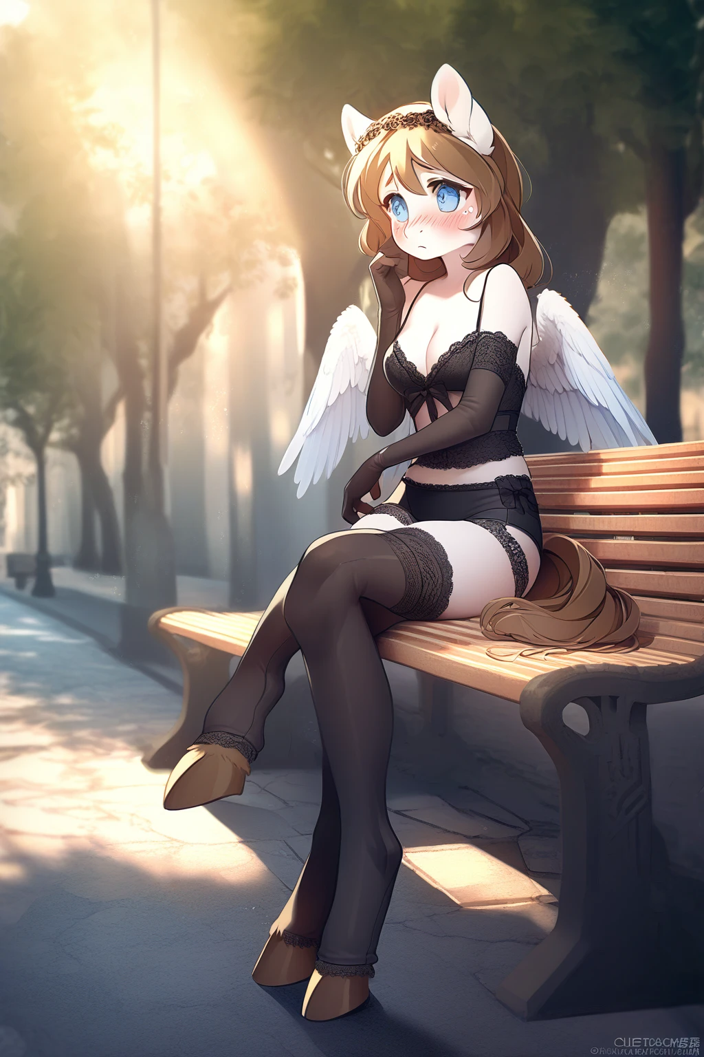1 girl, CuteStyle, upper body, angel wings, furry, pony furry, blue eyes, hooves instead of hands, white fur, brown mane, long mane, dressed in black , , , black stockings, sitting on a bench, leg over leg, black gloves on her hands, embarrassed, blush, on the street, trees, rays of the sun, detailed, beautiful, delicate tones