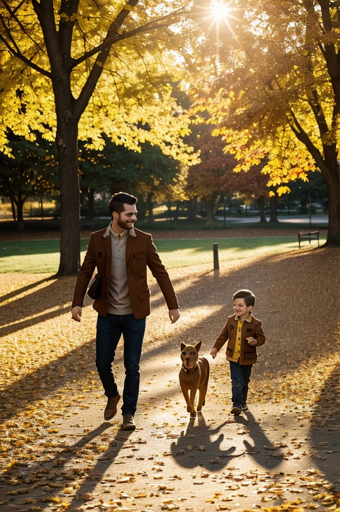 The park is bathed in golden sunlight, with colorful autumn leaves crunching underfoot as Timmy and Max explore together.