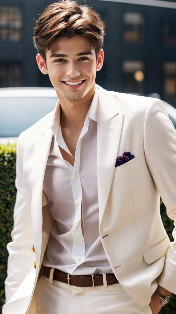 Highest quality, masterpiece, Ultra-high resolution, (Realistic:1.4), RAW Photos, Handsome young man in a white suit, Brown Hair, Modern Office, smile, 