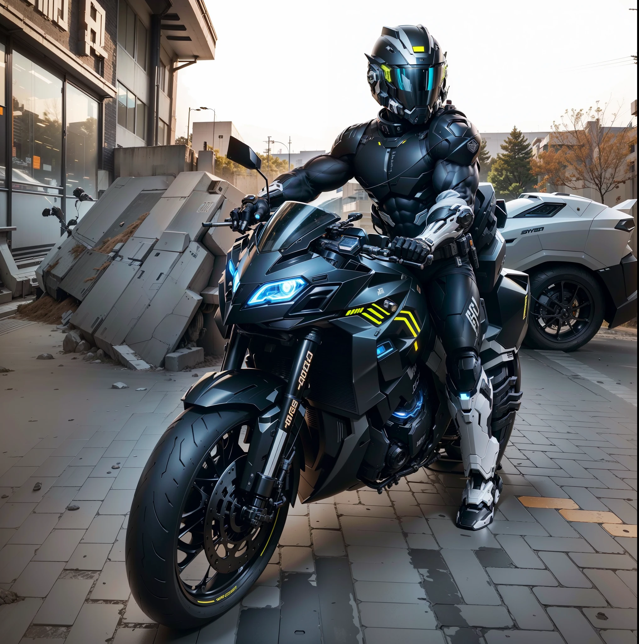 Muscular,Handsome full body black mecha White short hair cyber handsome warrior, Black cybernetic motorcycle, High-tech black full face helmet, White short hair, Noel, biology, MSHN Staff, High-tech helmet, Surrealism, steel, Complex design, Crazy details, Fine details, The lines are very clear, Light, Photorealism, A meticulous masterpiece