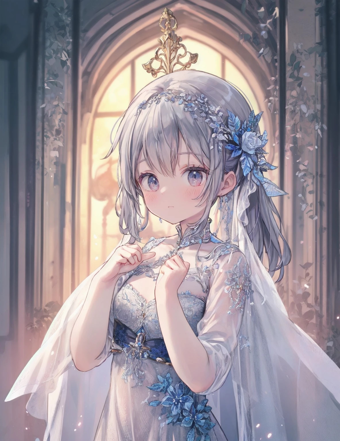 Natural light, light streaming through window, stained glass, ethereal, autumn flowers, dress, silk, satin, luster, accessories, jewelry, precious metals, gems, jewelry, soft smile, upturned cheeks, discreet shiny silver hair, standing by window, lamp light, magical atmosphere, stone wall, castle, magnificent interior