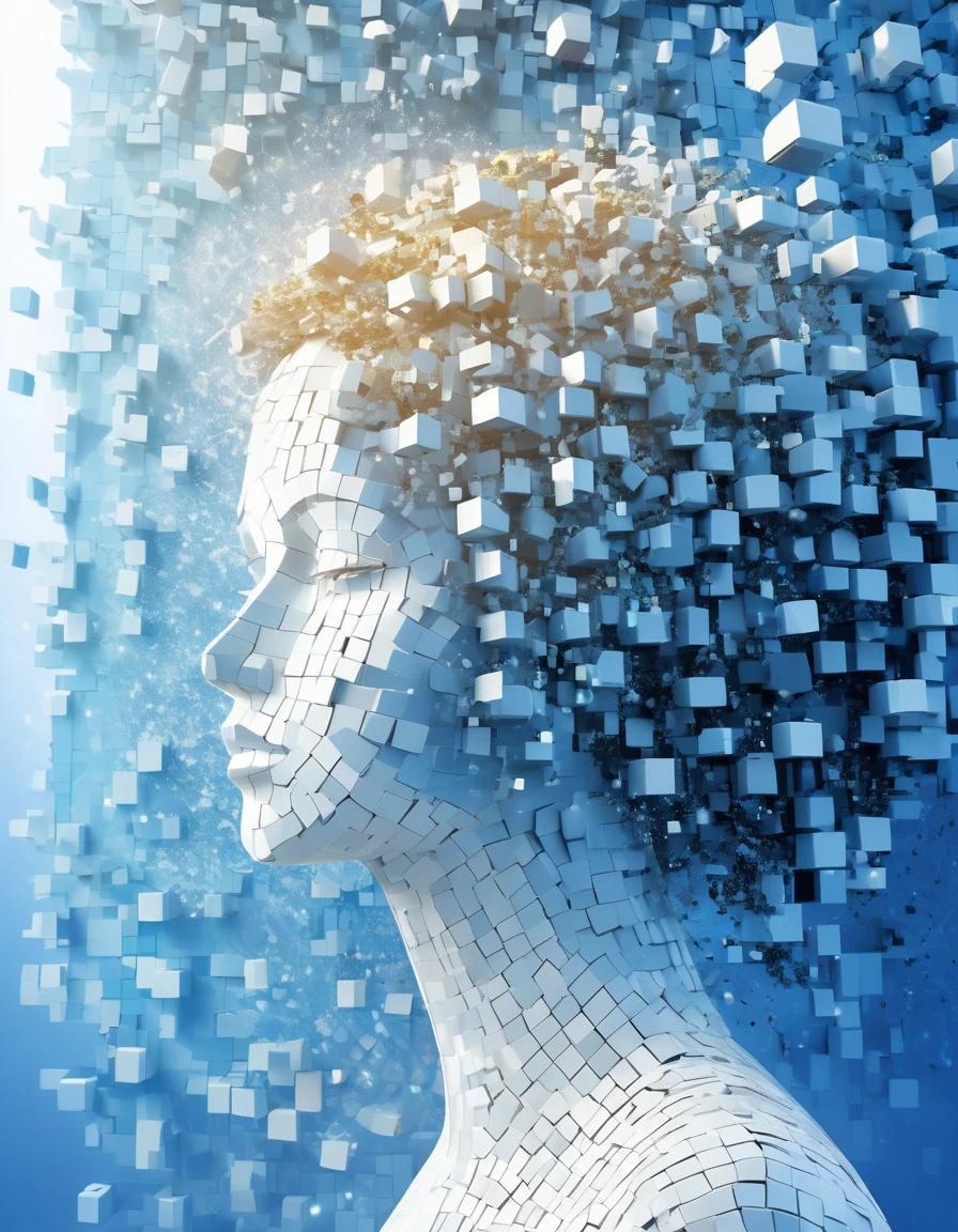 wallpaper,32k,masterpiece,high resolution,Head of beautiful woman against blue gradient dissolving pixel wall,3D Voxel Blocks,A structure that was initially intact but gradually disintegrated in the air,Sunlight shines through the hollowed-out,Space Background
