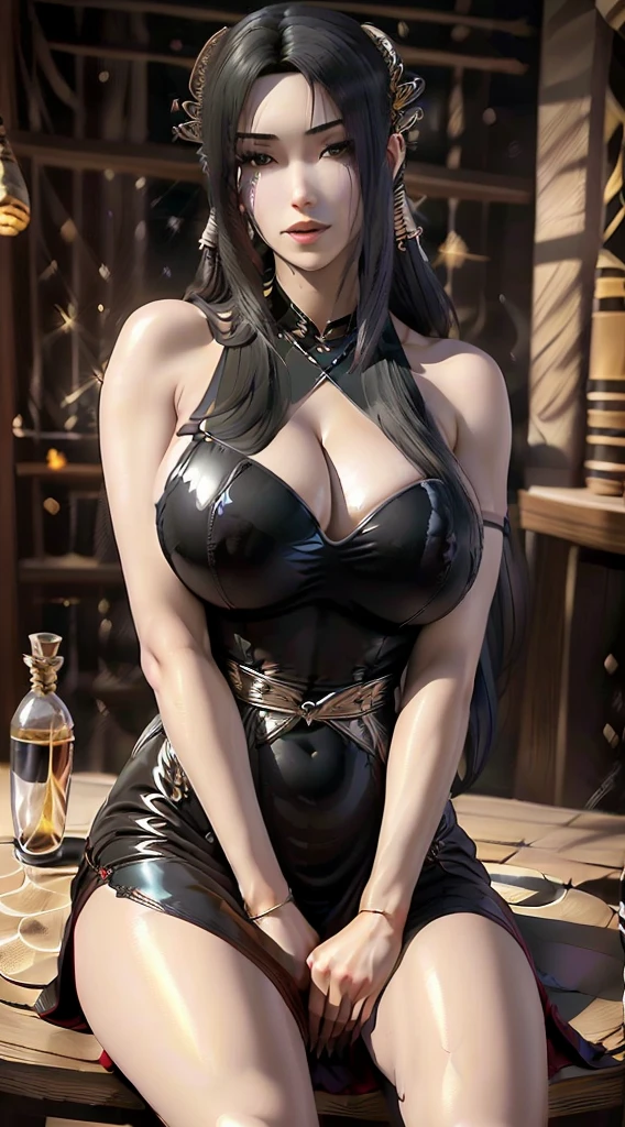  woman in black dress sitting on table，A glass of wine in his hand,  Tifa lockhart portrait, glamorous Tifa lockheart, Tifa lockhart,  dress, wearing black , Tifa, Wearing Atsuko Kudo  costume,  Dress, Japanese Goddess, Shiny black dress, Wearing black leather, portrait of Tifa lockhart((Full and soft ,)))(((Large ))) ((()))