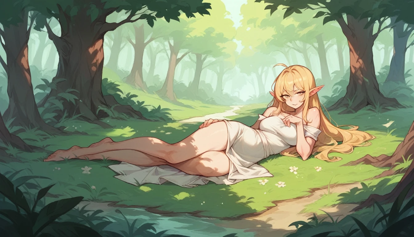 an anime female character lying in the shade of giant trees in the middle of a lush forest