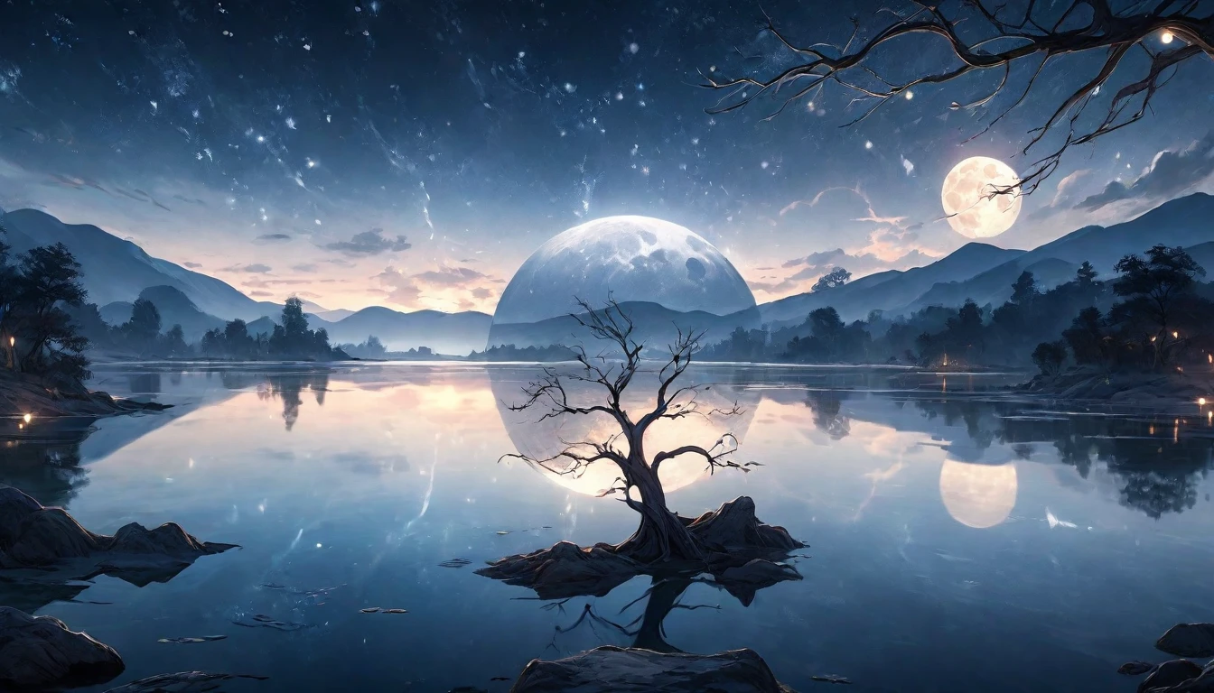 A hauntingly beautiful night scene. A tree stands alone in the middle of a large, serene lake, its gnarled branches reaching towards the sky. The tree is illuminated by the soft, silver light of the full moon, which reflects off the calm surface of the water, creating a mirror-like effect. The night sky is clear, filled with twinkling stars that add to the mystical ambiance. The tree's reflection in the lake adds depth to the scene, while gentle ripples on the water's surface create a sense of movement. Surrounding the lake are dark, shadowy outlines of distant hills and forests, contributing to the tranquil and enigmatic atmosphere. The entire scene captures the quiet beauty and mystery of nature under the moonlight