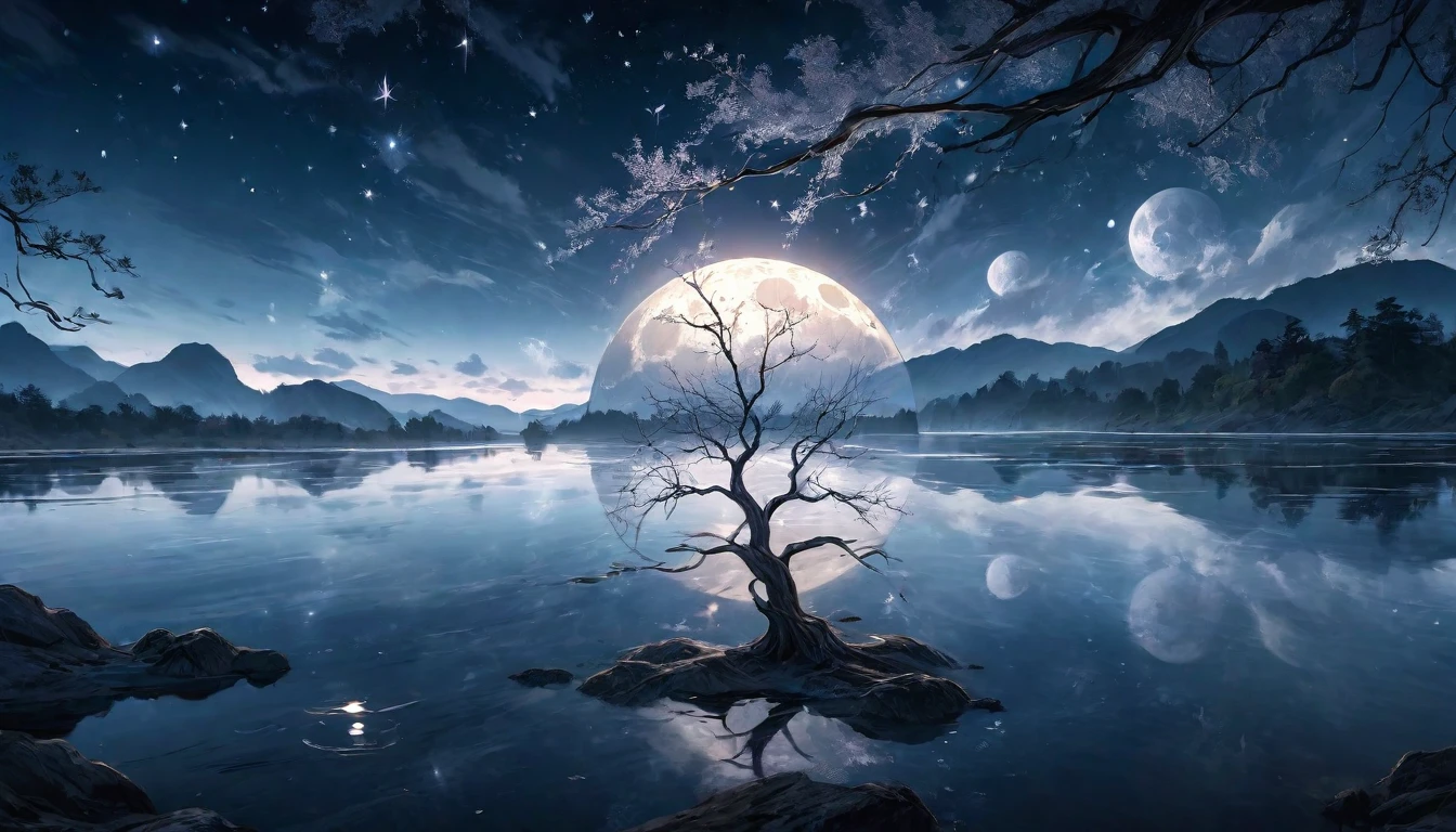 A hauntingly beautiful night scene. A bare tree stands alone in the middle of a large, serene lake, its gnarled branches reaching towards the sky. The tree is illuminated by the soft, silver light of the full moon, which reflects off the calm surface of the water, creating a mirror-like effect. The night sky is clear, filled with twinkling stars that add to the mystical ambiance. The tree's reflection in the lake adds depth to the scene, while gentle ripples on the water's surface create a sense of movement. Surrounding the lake are dark, shadowy outlines of distant hills and forests, contributing to the tranquil and enigmatic atmosphere. The entire scene captures the quiet beauty and mystery of nature under the moonlight
