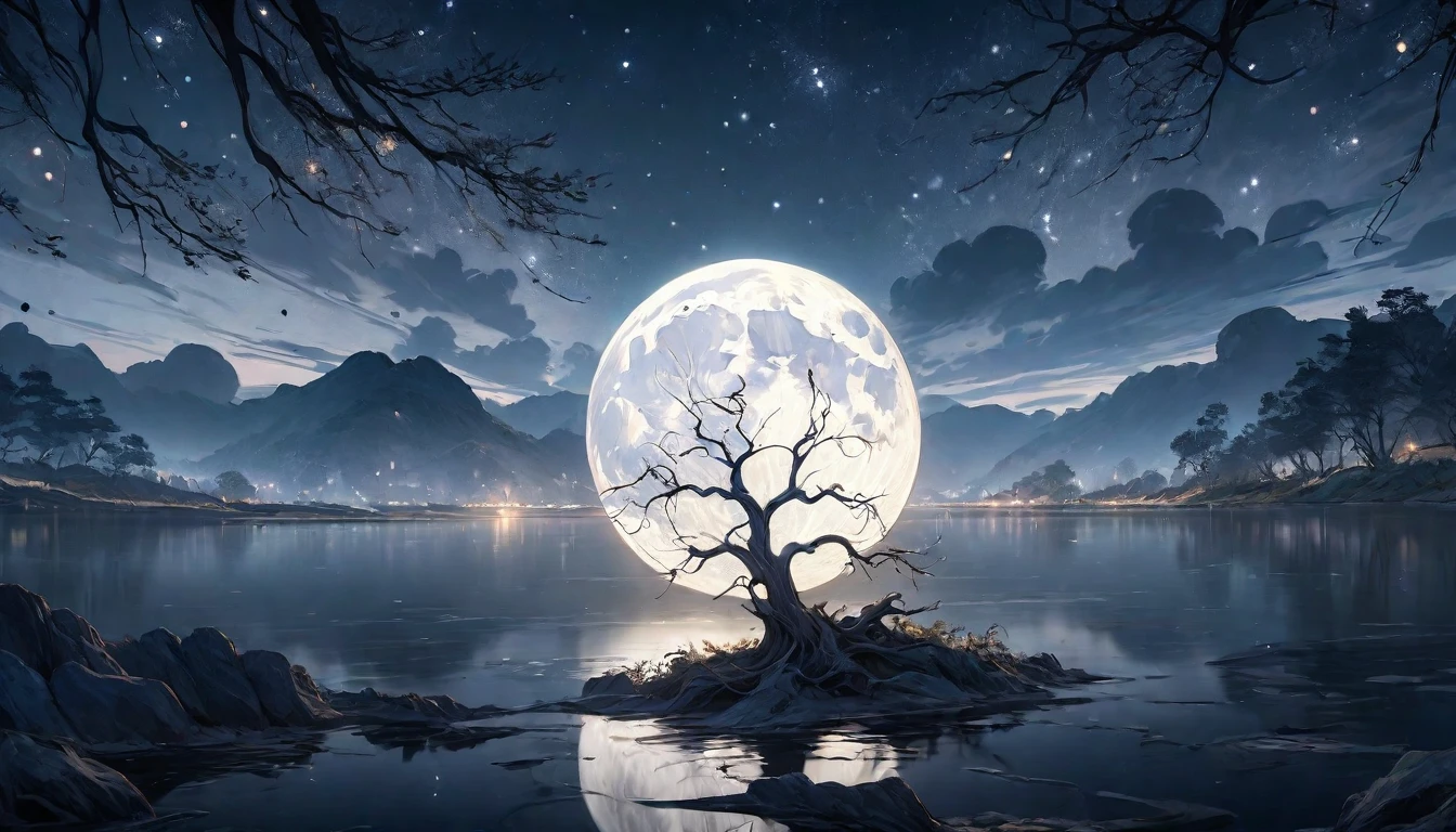 A hauntingly beautiful night scene. A  tree stands alone in the middle of a large, serene lake, its gnarled branches reaching towards the sky. The tree is illuminated by the soft, silver light of the full moon, which reflects off the calm surface of the water, creating a mirror-like effect. The night sky is clear, filled with twinkling stars that add to the mystical ambiance. The tree's reflection in the lake adds depth to the scene, while gentle ripples on the water's surface create a sense of movement. Surrounding the lake are dark, shadowy outlines of distant hills and forests, contributing to the tranquil and enigmatic atmosphere. The entire scene captures the quiet beauty and mystery of nature under the moonlight
