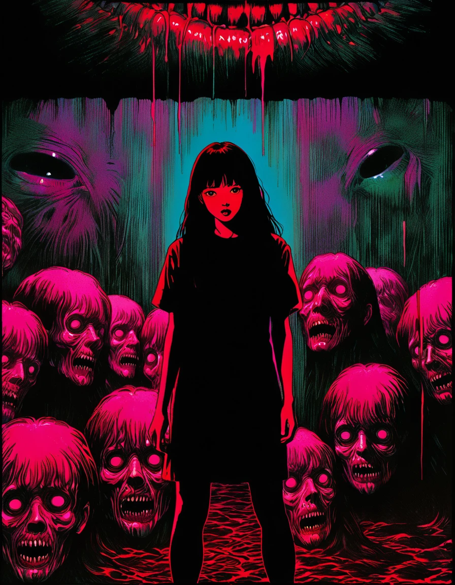 illust、art、from 80s horror movie, directed by Junji Ito、darkness、Serial killer、high detail, realsitic shadow、Analog style, chromatic aberration, Complementary color gradient、Surrealism