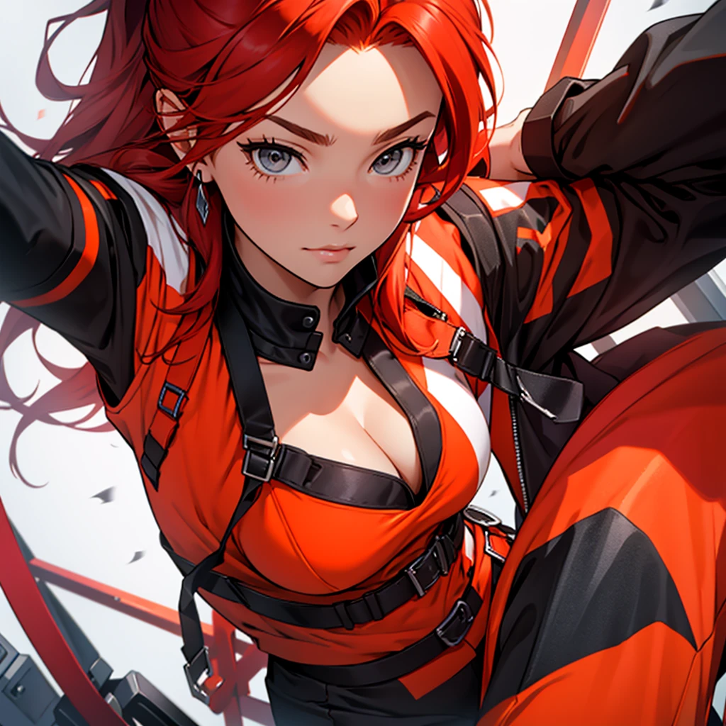 The red-haired heroine, adolescent, black and orange outfit 