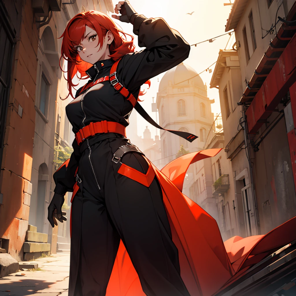 The red-haired heroine, adolescent, black and orange outfit 