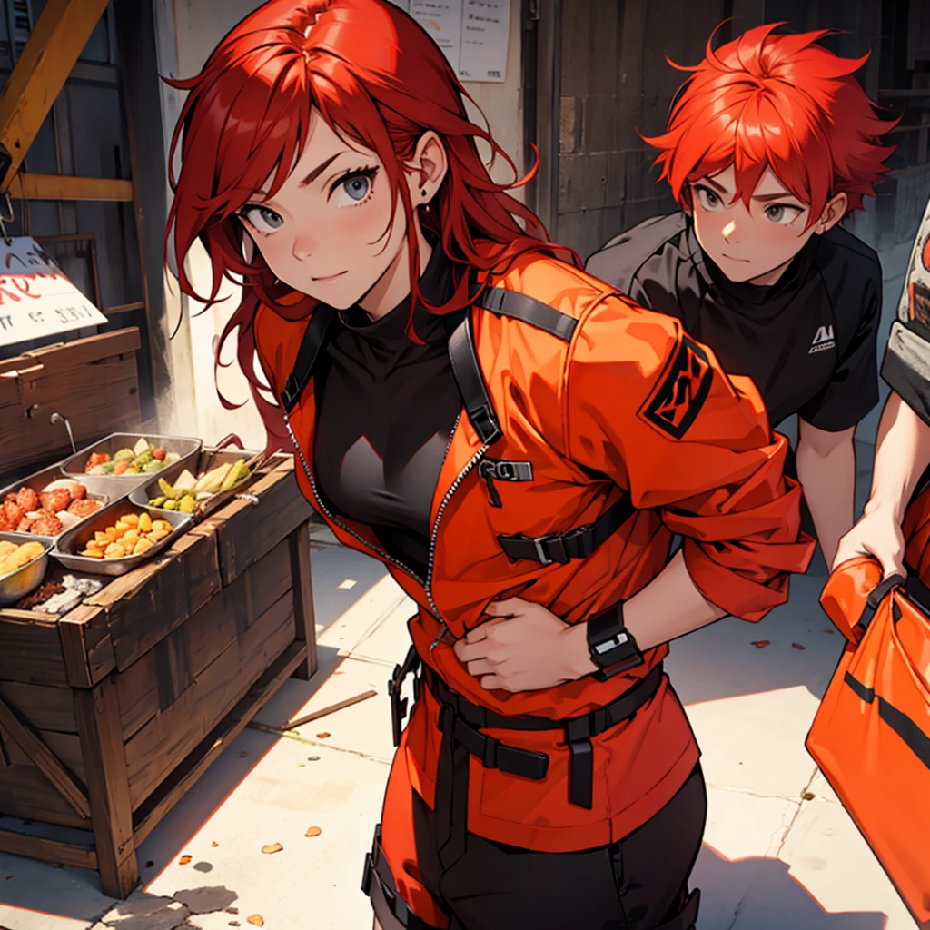 The red-haired heroine, adolescent, black and orange outfit