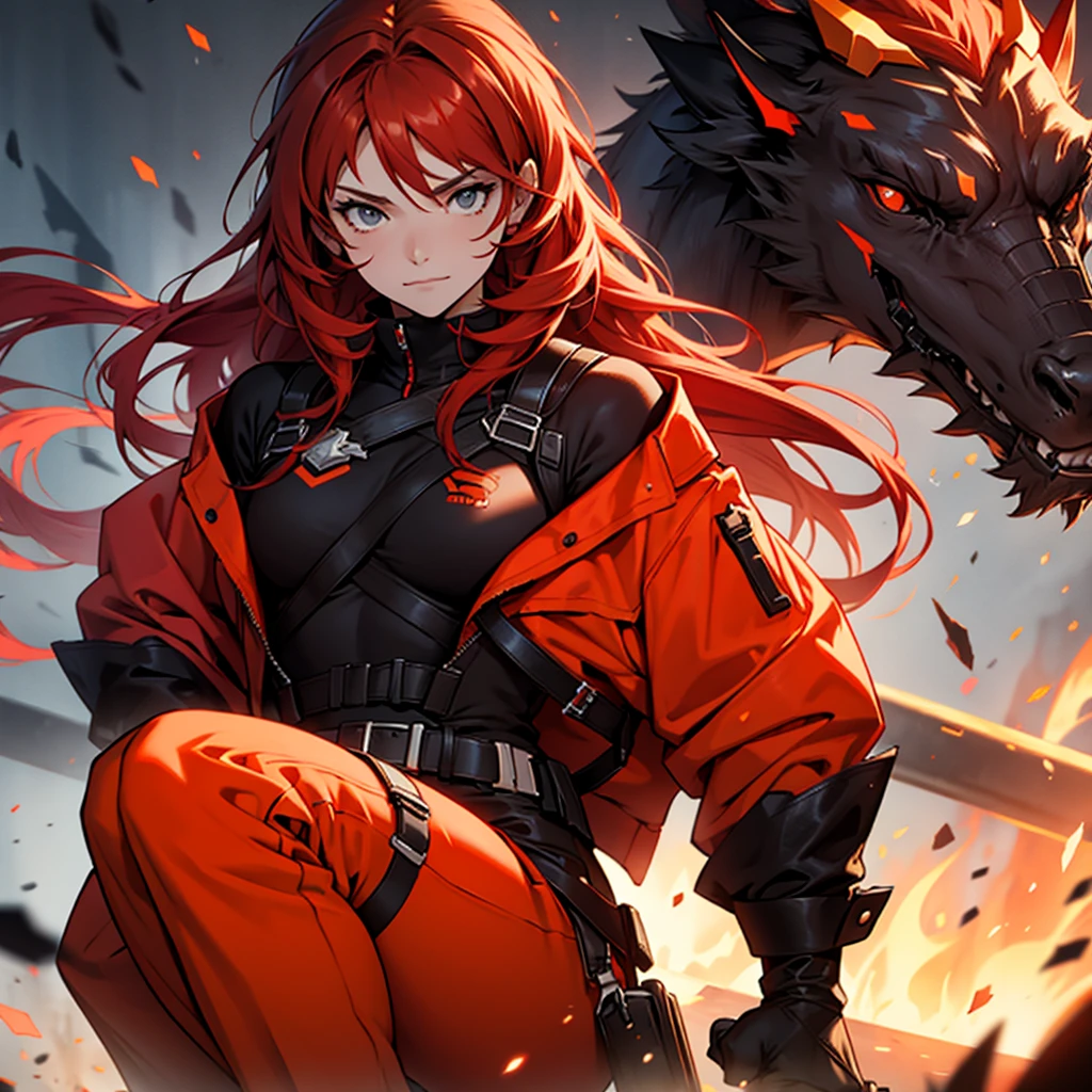The red-haired heroine, adolescent, black and orange outfit 