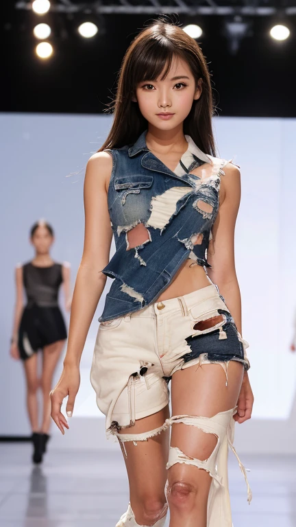 A girl walking down the runway at a fashion show, thigh, (Torn clothes:1.9), (High resolution:1.3), (16K, Realistic, RAW Photos, Best image quality: 1.4), (One Girl), Beautiful Face, (Lively Faces), Beautiful hairstyle, Realistic eyes, Beautiful and exquisite, (Realistic Skin), Beautiful skins, charm, 超High resolution, Surreal, High detail, Golden Ratio, Highly detailed cute girl,(20-year-old)