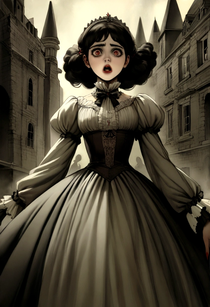 A damsel in distress, horror movie scene, A beautiful young woman is threatened by Nosferatu.. Old dark castle, victorian era