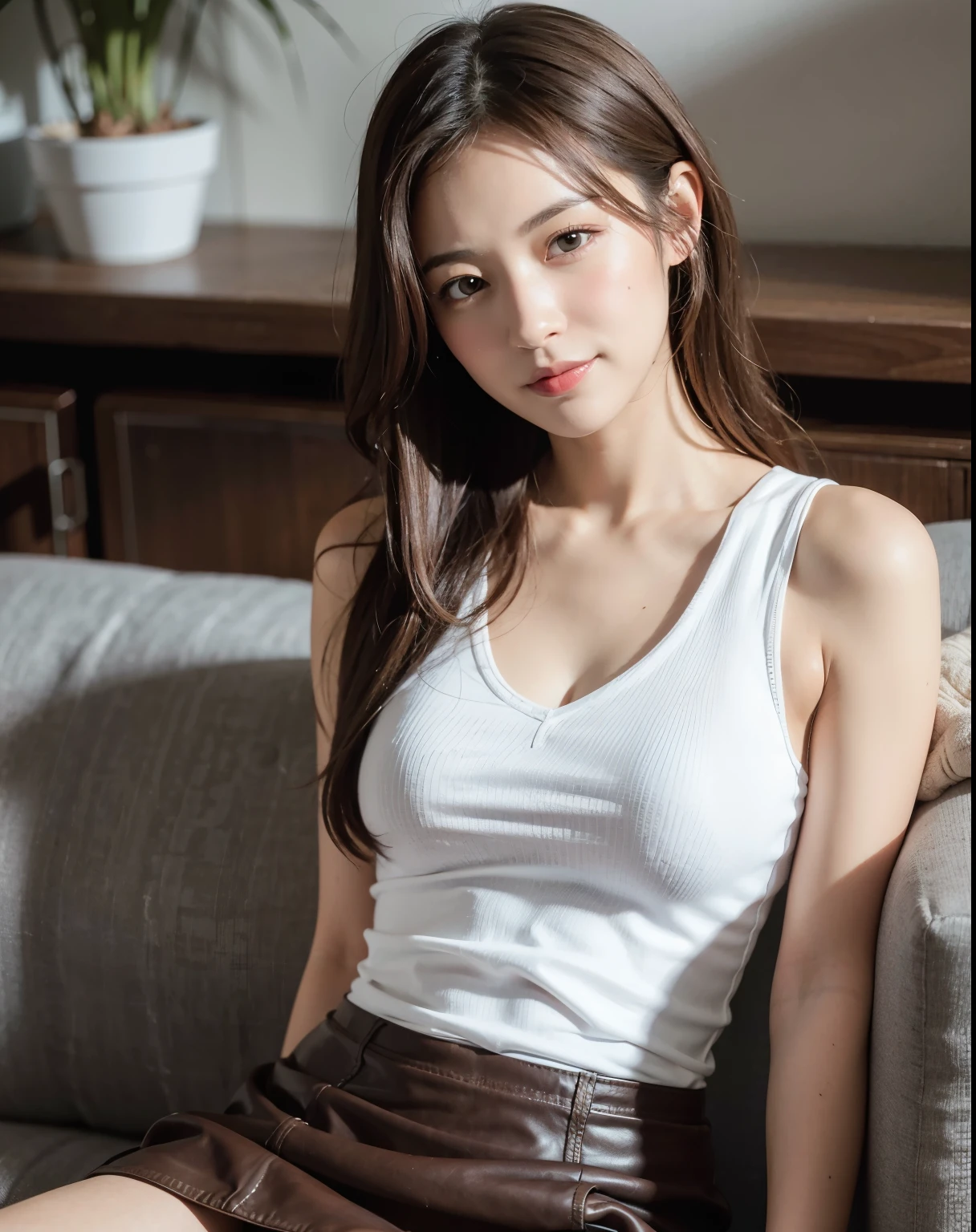 Best quality, Ultra high resolution, (Photorealistic:1.4), Raw photo, (portrait) , relax on the sofa,
1japanese girl , One, Cute, kawaii ,(shy:1.5),(smile),  (Brown eyes, :1.4), Genuine Leather, ultra textured leather (Midi Hair),() face looks straight into the camera, Full face, грудь третьего размера
BREAK
(White thin shirt),
BREAK
(gray knee length skirt)
<>