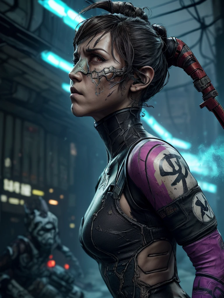 en una pelea de 2 bandos  en el mero centro de una ciudad inportante fondo ((graffiti name REUSK7 in 3D in the city)) de Athena Asamiya, el personaje de “The King of Fighters”, has the following physical characteristics12: Altura: 163 cm Peso: 49 kg Color de pelo: Purple Measurements: 83 cm (busto), 57 cm (cintura), 82 cm (cadera) Estilo de pelea: Psychic powers + Artes marciales chinas modelando antes cde pelear(((Borderlands 3))), (((closeup))), (((urban city environment))), (((diffuse colors))), (((rgb))), (((ultra detailed illustration of a diffuse hallucinatory woman water spirit creature))), (((complex 3d projections of ghostly translucent fabric and glowing hollow cybernetic threads))), (((dynamic pose))), spectral, concept art, ((light particles)), (stunning visual masterpiece), (((double exposure))), ((glowing texture)), (black tones), (no limits), (unpredictable), (surreal), (professional composition), (award winning composition), creative freedom, (artistic expression), (extreme composition), (spontaneous composition), (black filter), ((surreal theme)), (diffuse creatures), (diffuse figures), disturbing visual expression, (lit dark fantasy realm), evocative, (unusual chromatic contrast). by Lekrot(long neck))), (((elongated neck))), ugly, ((static pose)), (((certainty))), conventionality, conventional theme, (((Borderlands 3))), (((closeup))), (((urban city environment))), (((diffus