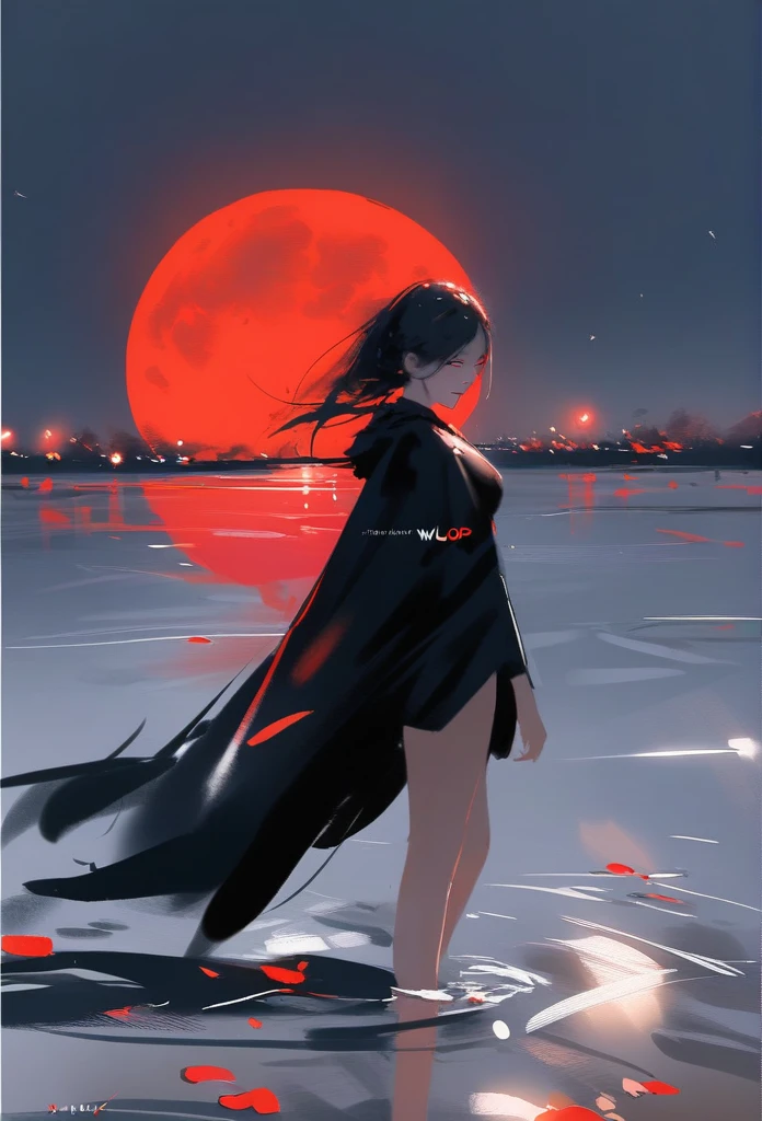 1girl, solo, wlop,
Black hair, gradient eyes, black cloak, seductive smile,
Walking on water, red moon, night sky
masterpiece, best quality,