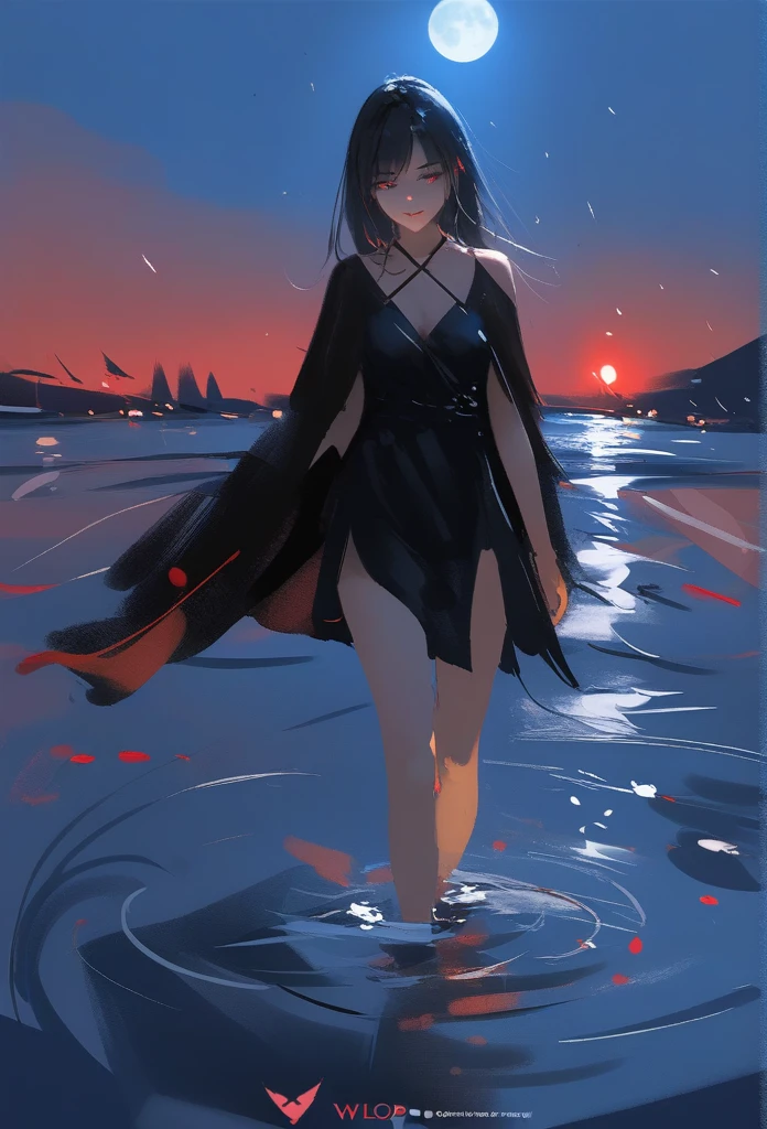 1girl, solo, wlop,
Black hair, gradient eyes, black cloak, seductive smile, 
Walking on water, red moon, night sky
masterpiece, best quality,